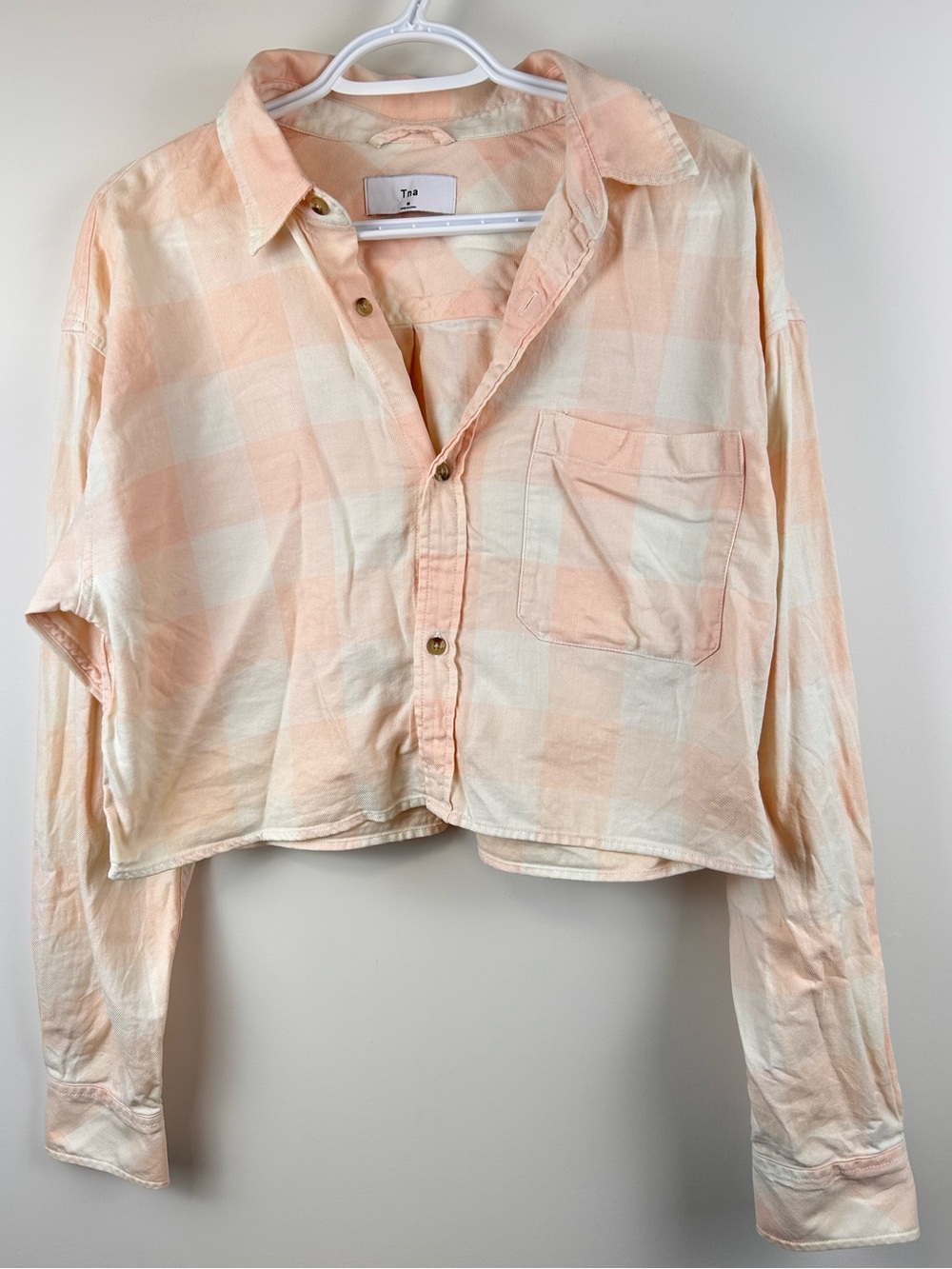 Aritzia TNA Cropped Plaid Button Up Shirt Peach Cream 100% Cotton Size M